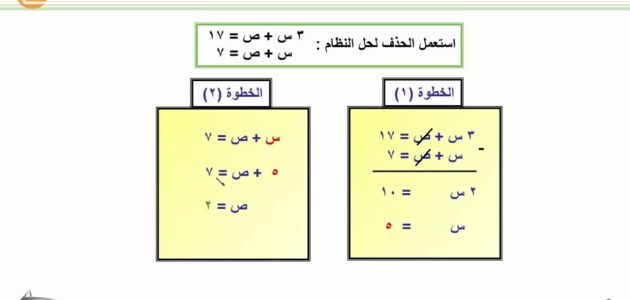 حل نظام من معادلتين خطيتين بالحذف باستعمال الجمع والطرح